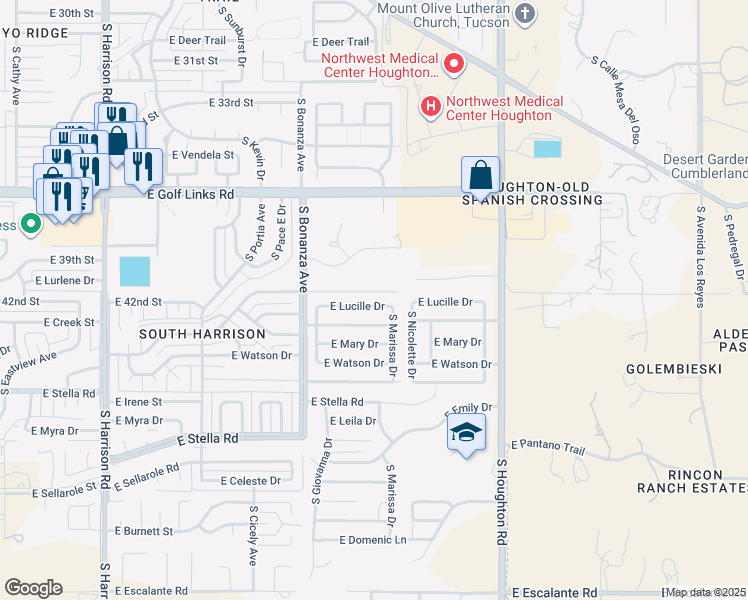 map of restaurants, bars, coffee shops, grocery stores, and more near 10027 East Creek Street in Tucson
