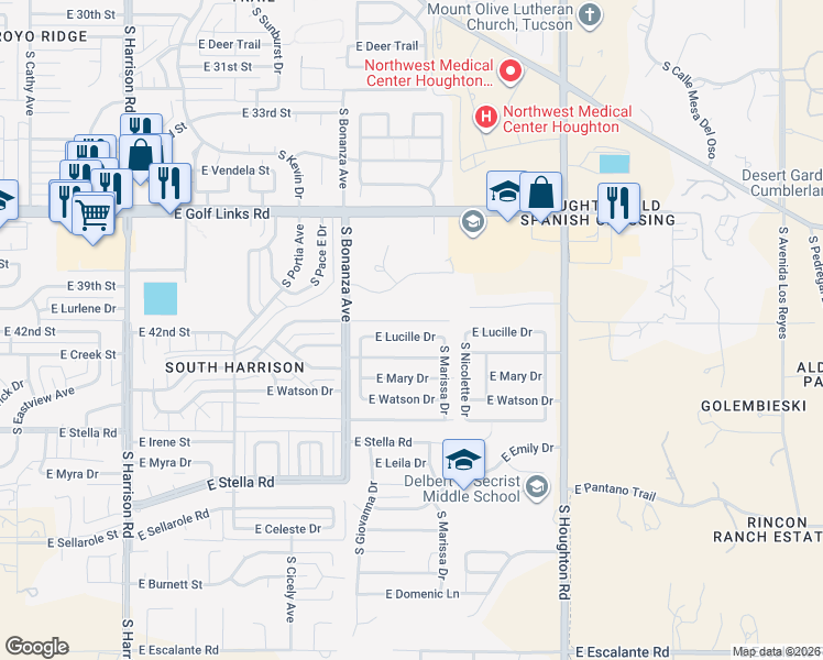 map of restaurants, bars, coffee shops, grocery stores, and more near 10027 East Creek Street in Tucson