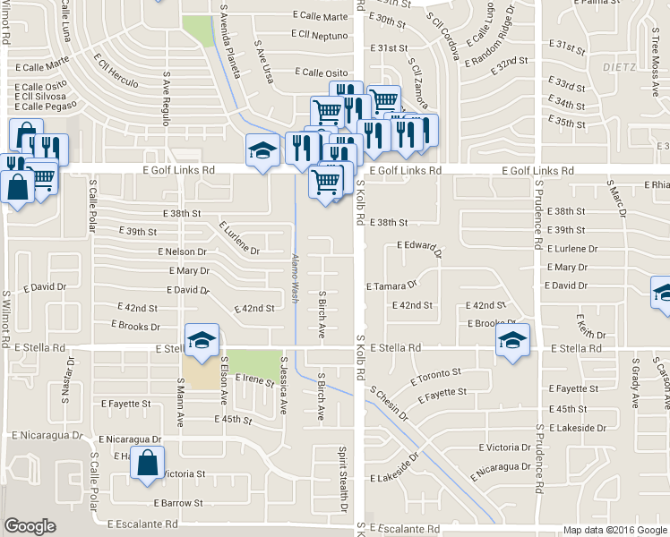 map of restaurants, bars, coffee shops, grocery stores, and more near 7011 East Lurlene Drive in Tucson