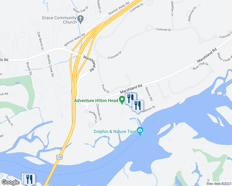 map of restaurants, bars, coffee shops, grocery stores, and more near 21 Pond Drive in Hilton Head Island