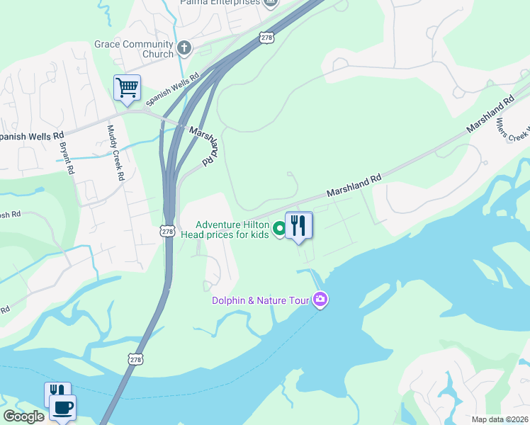 map of restaurants, bars, coffee shops, grocery stores, and more near 21 Pond Drive in Hilton Head Island