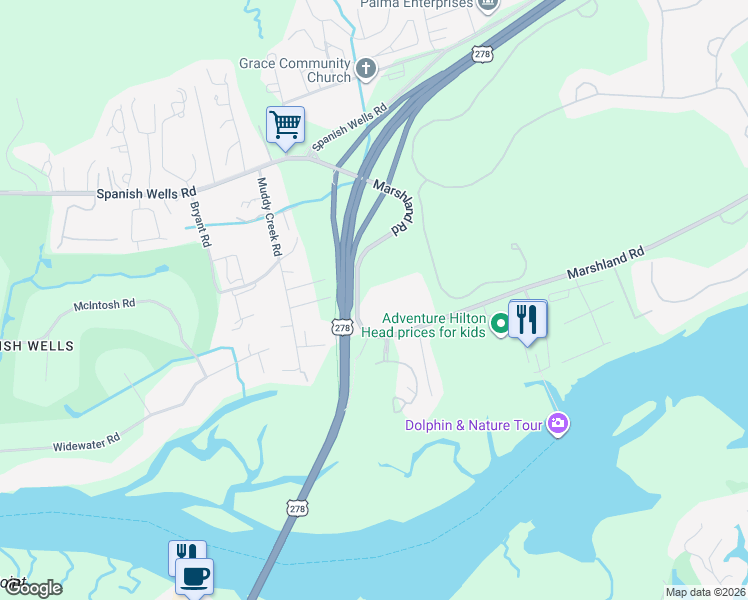 map of restaurants, bars, coffee shops, grocery stores, and more near Chislom Place in Hilton Head Island