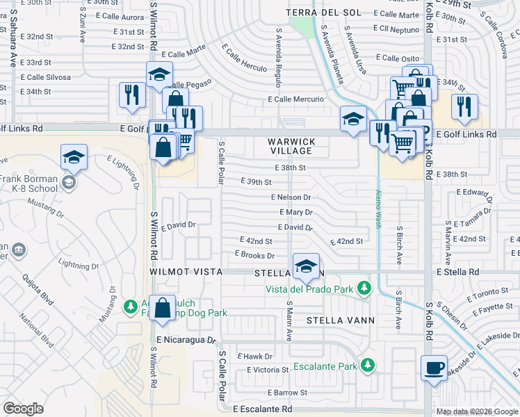 map of restaurants, bars, coffee shops, grocery stores, and more near 6602 East Nelson Drive in Tucson