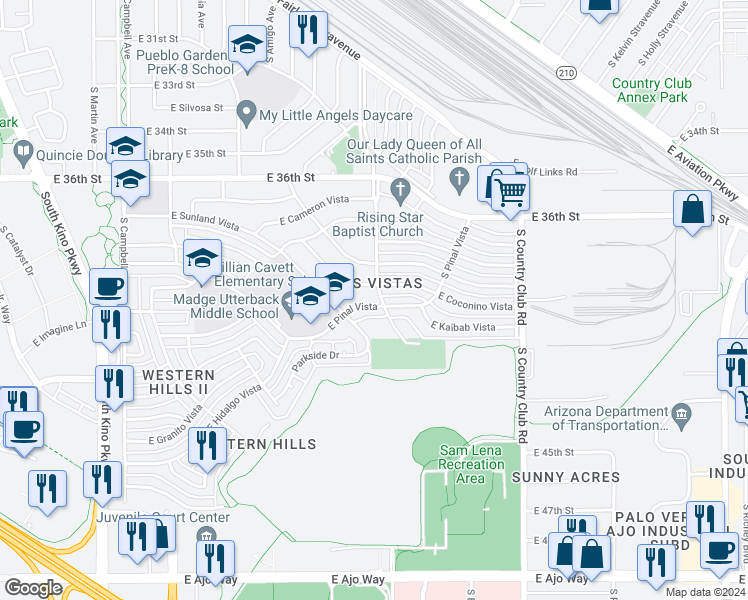 map of restaurants, bars, coffee shops, grocery stores, and more near in Tucson