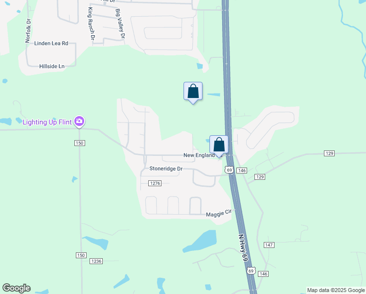 map of restaurants, bars, coffee shops, grocery stores, and more near 2120 County Road 149 in Flint