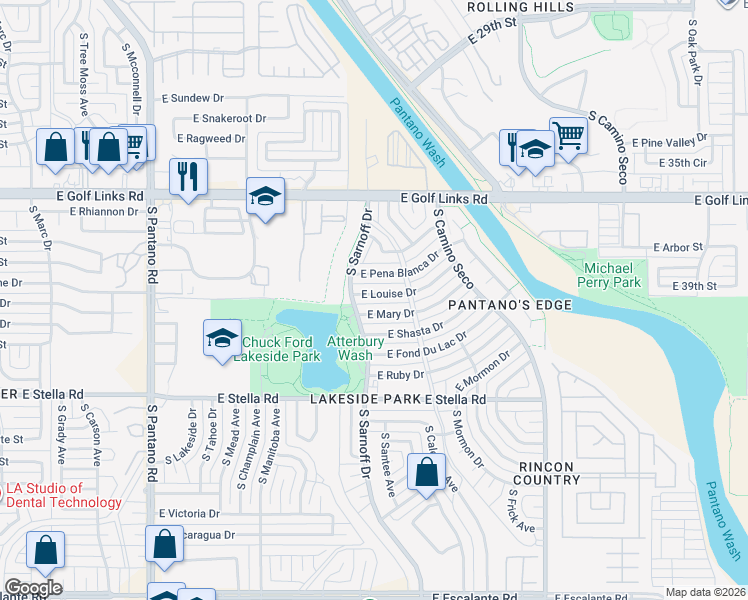 map of restaurants, bars, coffee shops, grocery stores, and more near 8341 East Louise Drive in Tucson