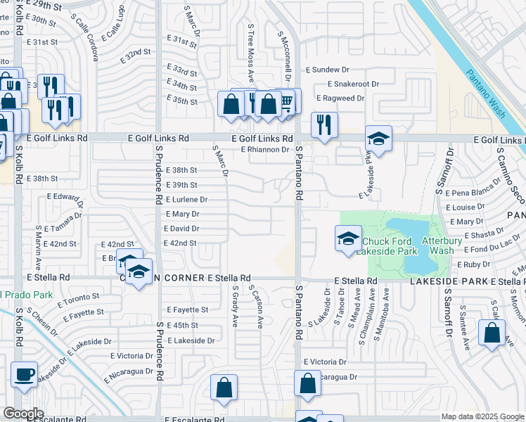 map of restaurants, bars, coffee shops, grocery stores, and more near 7781 East Lurlene Drive in Tucson