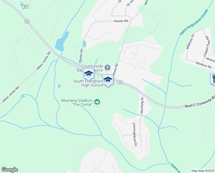 map of restaurants, bars, coffee shops, grocery stores, and more near 1200 Noel C Conaway Road in Guyton