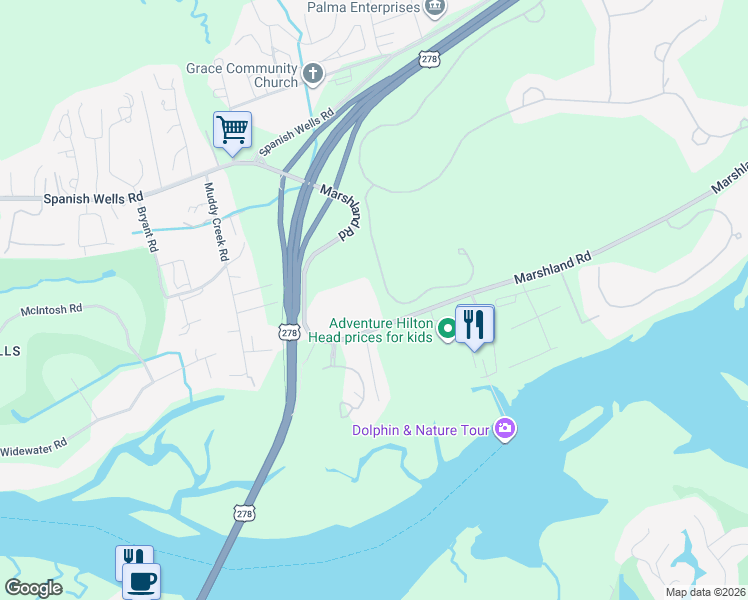 map of restaurants, bars, coffee shops, grocery stores, and more near 17 Pond Drive in Hilton Head Island
