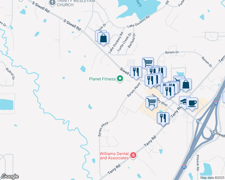 map of restaurants, bars, coffee shops, grocery stores, and more near 7261 South Siwell Road in Jackson