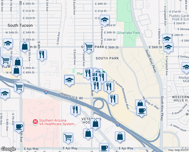 map of restaurants, bars, coffee shops, grocery stores, and more near 2994 South Park Avenue in Tucson