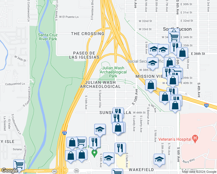 map of restaurants, bars, coffee shops, grocery stores, and more near 635 West 40th Street in Tucson