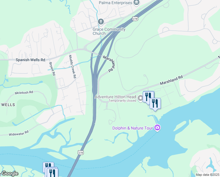 map of restaurants, bars, coffee shops, grocery stores, and more near 17 Pond Drive in Hilton Head Island
