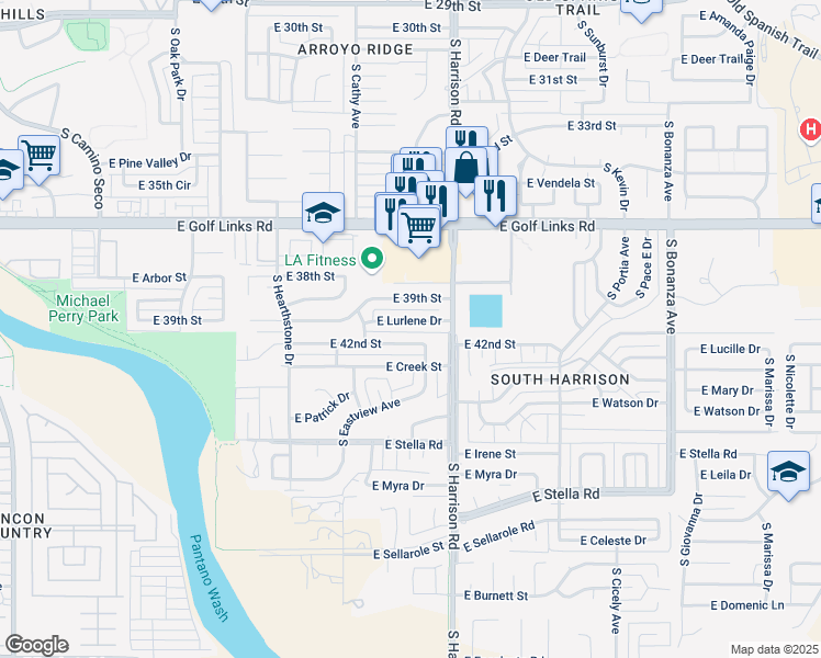 map of restaurants, bars, coffee shops, grocery stores, and more near 9410 East Lurlene Drive in Tucson