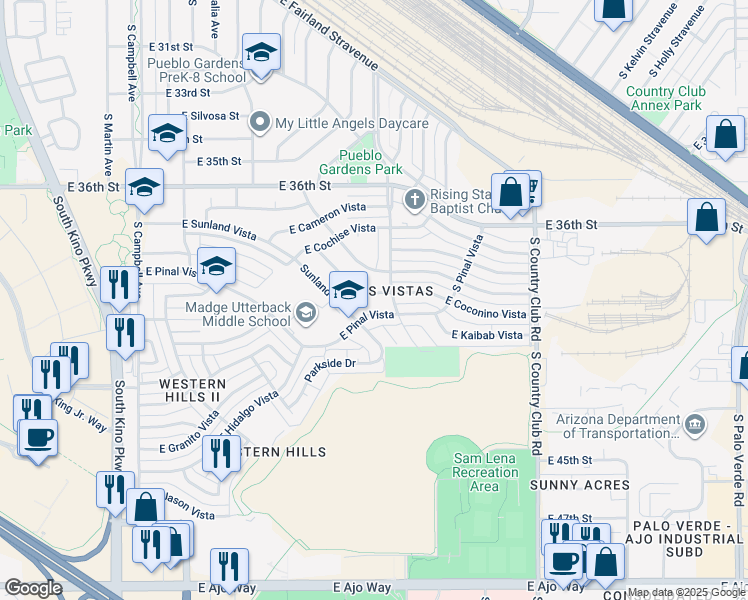 map of restaurants, bars, coffee shops, grocery stores, and more near 2832 South Coconino Vista in Tucson