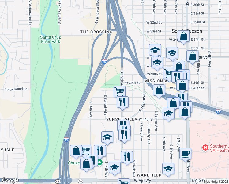 map of restaurants, bars, coffee shops, grocery stores, and more near 655 West 40th Street in Tucson
