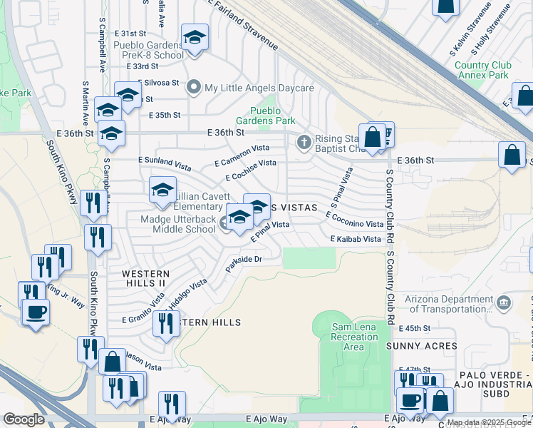 map of restaurants, bars, coffee shops, grocery stores, and more near 2832 South Coconino Vista in Tucson