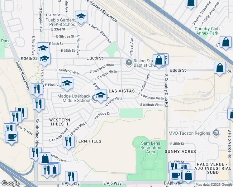 map of restaurants, bars, coffee shops, grocery stores, and more near 2832 South Coconino Vista in Tucson