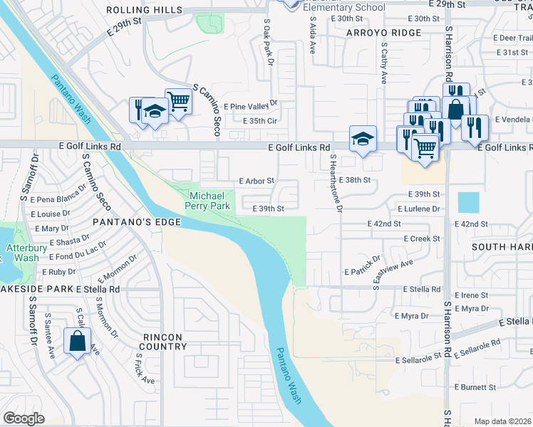 map of restaurants, bars, coffee shops, grocery stores, and more near 8962 East 39th Street in Tucson