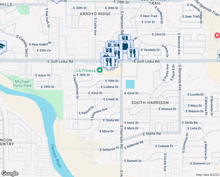 map of restaurants, bars, coffee shops, grocery stores, and more near 9410 East Lurlene Drive in Tucson