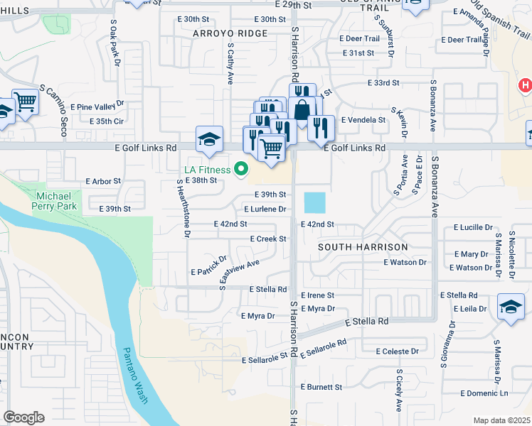 map of restaurants, bars, coffee shops, grocery stores, and more near 9410 East Lurlene Drive in Tucson
