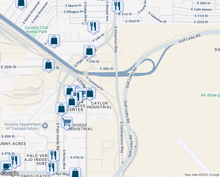 map of restaurants, bars, coffee shops, grocery stores, and more near 3050 South Alvernon Way in Tucson