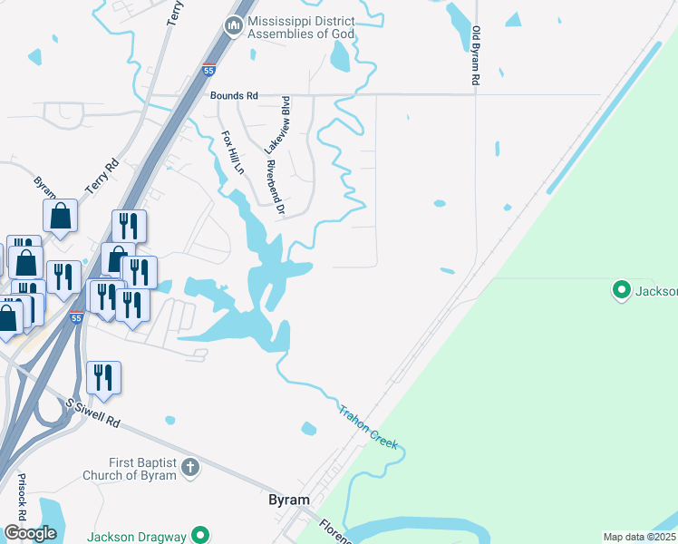 map of restaurants, bars, coffee shops, grocery stores, and more near 614 Willow Bay Drive in Byram