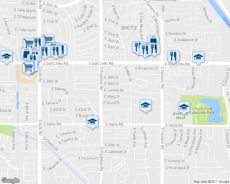 map of restaurants, bars, coffee shops, grocery stores, and more near 7562 East Lurlene Drive in Tucson