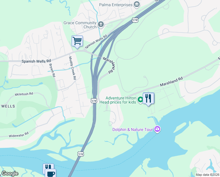 map of restaurants, bars, coffee shops, grocery stores, and more near 17 Pond Drive in Hilton Head Island