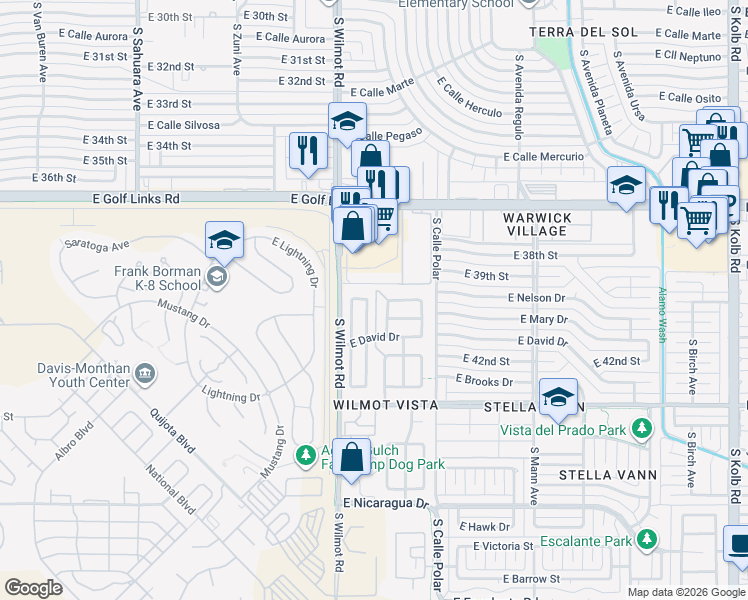 map of restaurants, bars, coffee shops, grocery stores, and more near 2880 South Vaughn Drive in Tucson