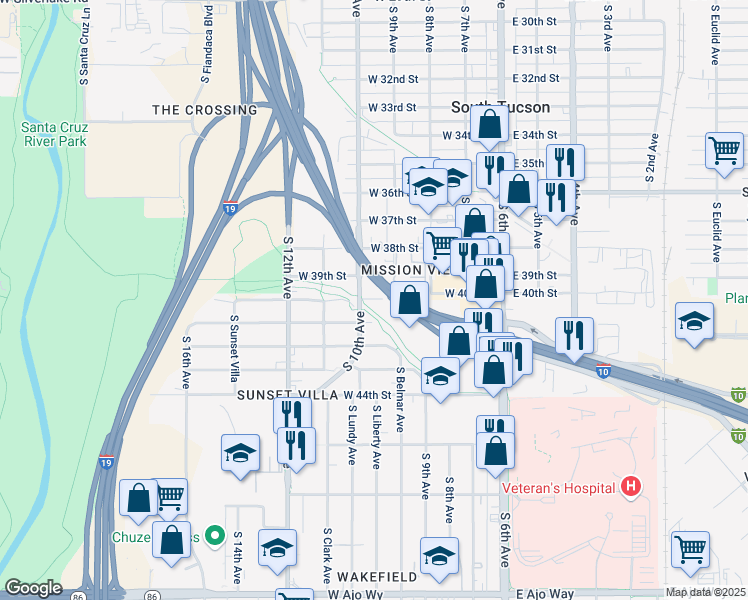 map of restaurants, bars, coffee shops, grocery stores, and more near 2913 South 10th Avenue in Tucson