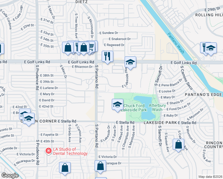 map of restaurants, bars, coffee shops, grocery stores, and more near 8030 East Lakeside Parkway in Tucson