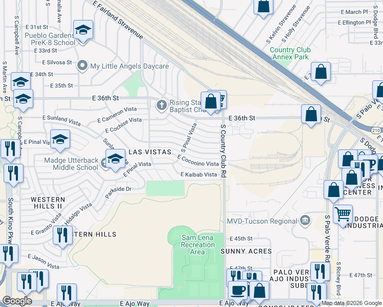 map of restaurants, bars, coffee shops, grocery stores, and more near 2902 East Norton Vista in Tucson