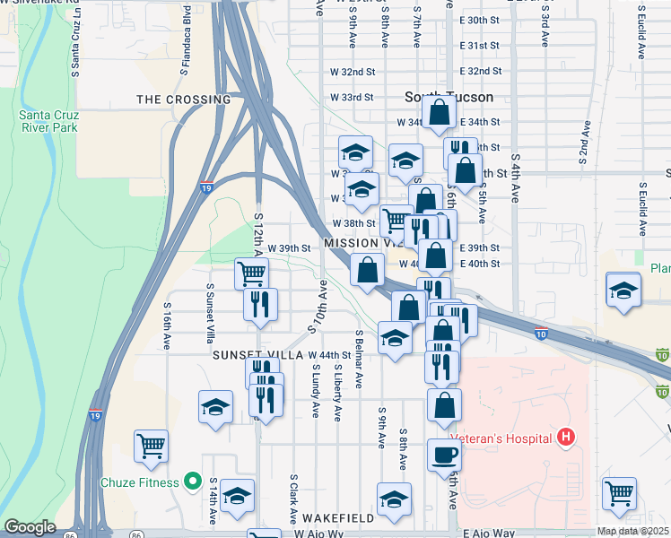 map of restaurants, bars, coffee shops, grocery stores, and more near 2913 South 10th Avenue in Tucson