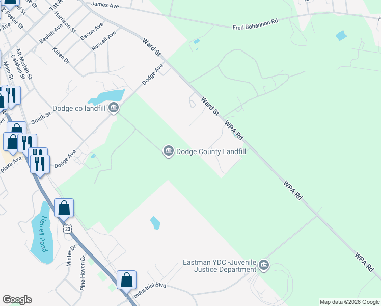 map of restaurants, bars, coffee shops, grocery stores, and more near 122 Holder Place in Eastman