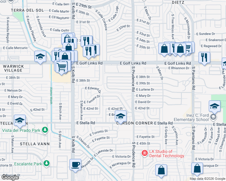 map of restaurants, bars, coffee shops, grocery stores, and more near 7352 East Lurlene Drive in Tucson
