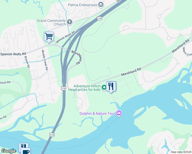 map of restaurants, bars, coffee shops, grocery stores, and more near 21 Pond Drive in Hilton Head Island