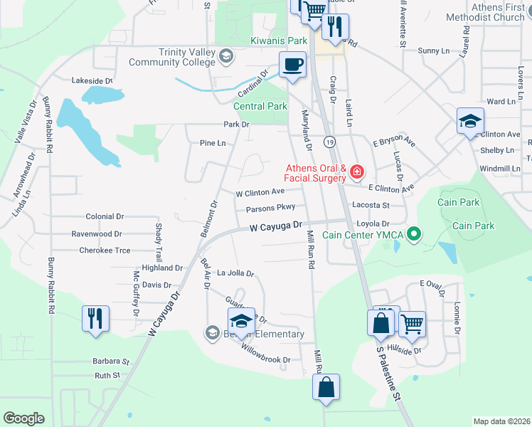 map of restaurants, bars, coffee shops, grocery stores, and more near 113 Parsons Parkway in Athens