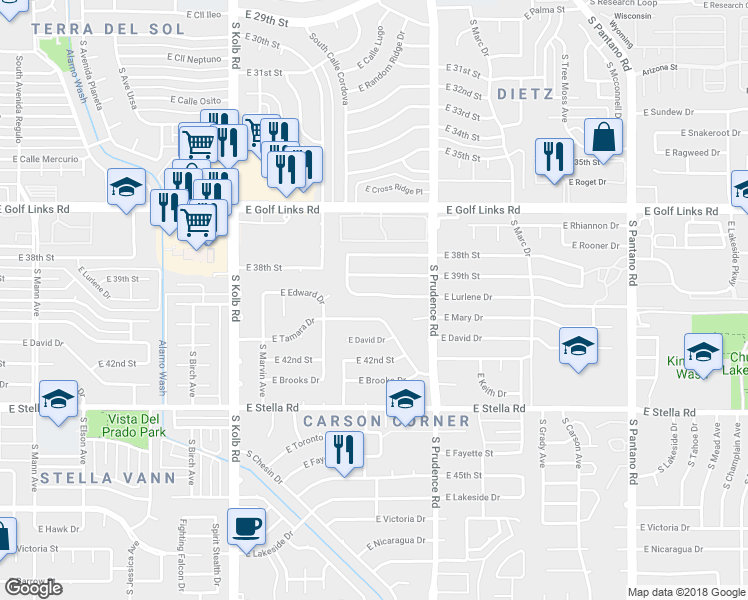 map of restaurants, bars, coffee shops, grocery stores, and more near 7352 East Lurlene Drive in Tucson