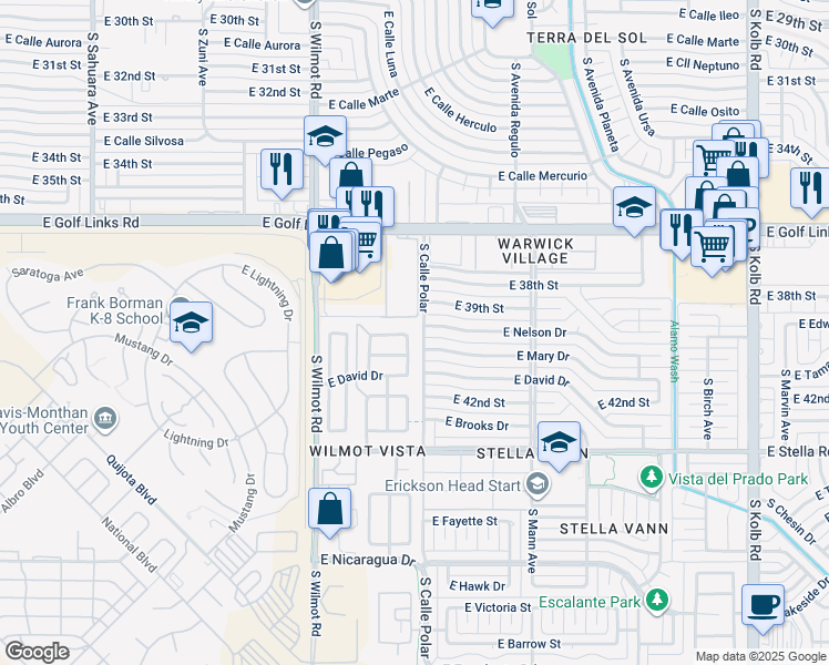 map of restaurants, bars, coffee shops, grocery stores, and more near 2883 South Foster Drive in Tucson