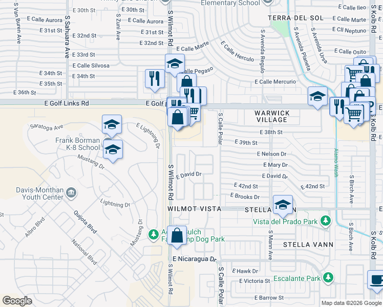 map of restaurants, bars, coffee shops, grocery stores, and more near 2880 South Vaughn Drive in Tucson