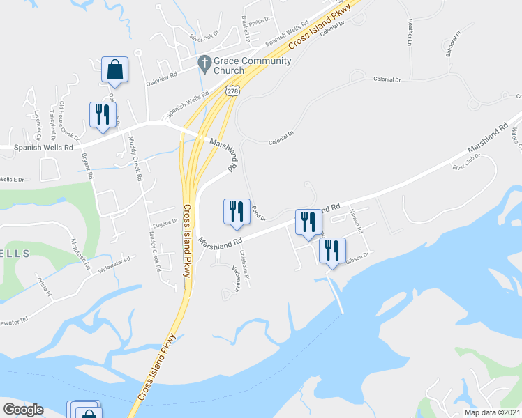 map of restaurants, bars, coffee shops, grocery stores, and more near 17 Pond Drive in Hilton Head Island