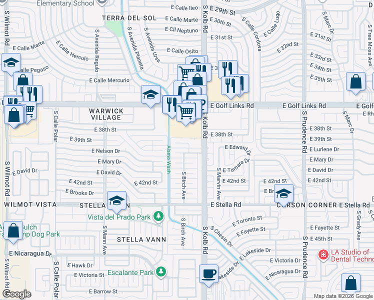 map of restaurants, bars, coffee shops, grocery stores, and more near 7011 E Lurlene Dr in Tucson