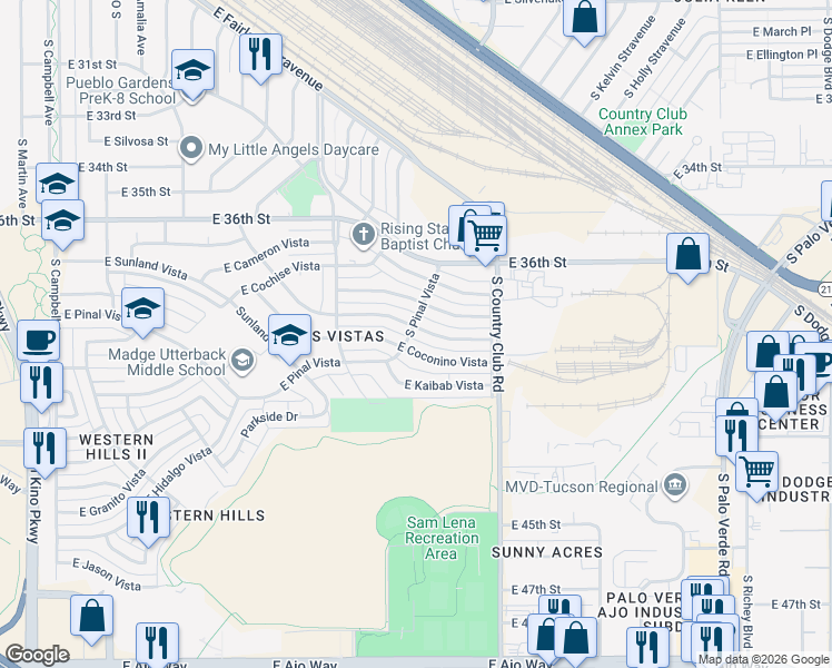 map of restaurants, bars, coffee shops, grocery stores, and more near 2902 East Norton Vista in Tucson