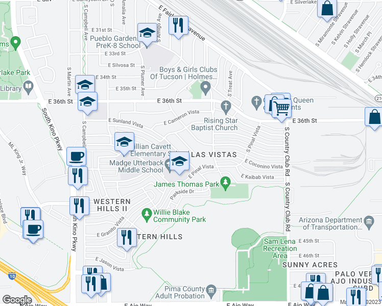 map of restaurants, bars, coffee shops, grocery stores, and more near 2820 South Coconino Vista in Tucson