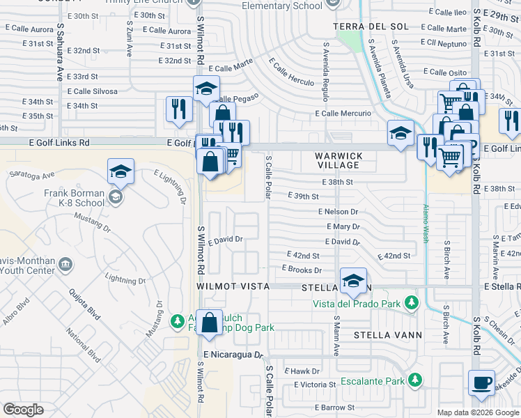 map of restaurants, bars, coffee shops, grocery stores, and more near 6464 East Nelson Drive in Tucson