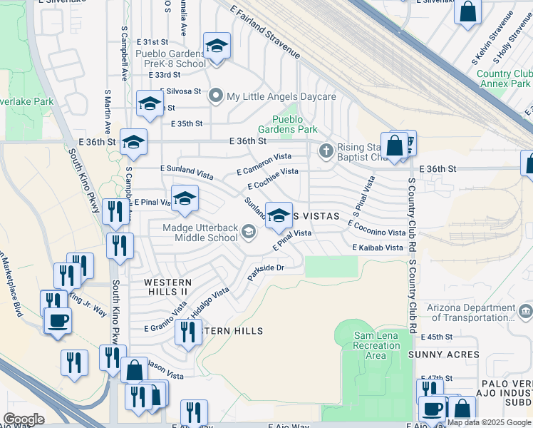 map of restaurants, bars, coffee shops, grocery stores, and more near 2821 Sunland Vista in Tucson