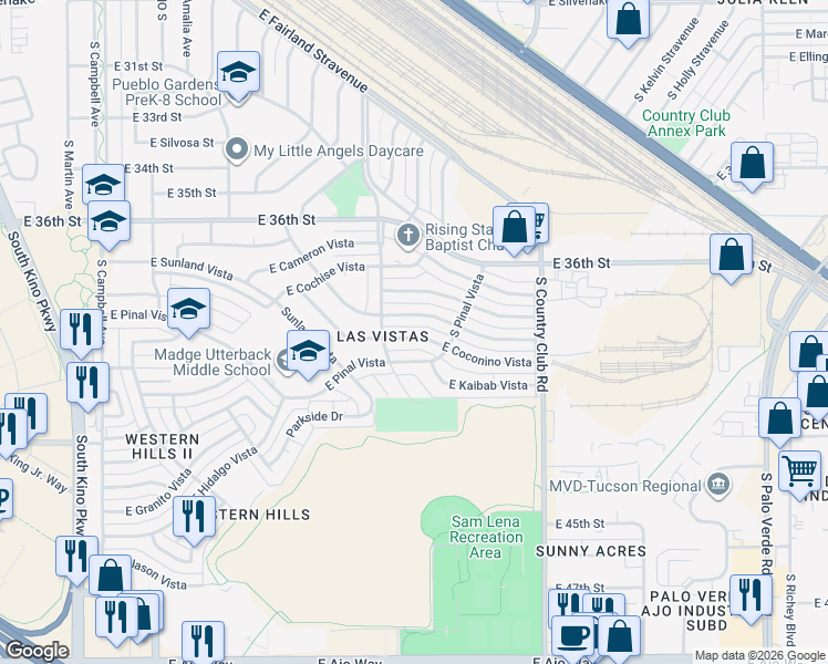 map of restaurants, bars, coffee shops, grocery stores, and more near 2710 East Coconino Vista in Tucson
