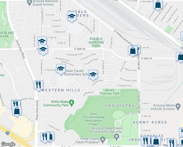 map of restaurants, bars, coffee shops, grocery stores, and more near 2821 Sunland Vista in Tucson