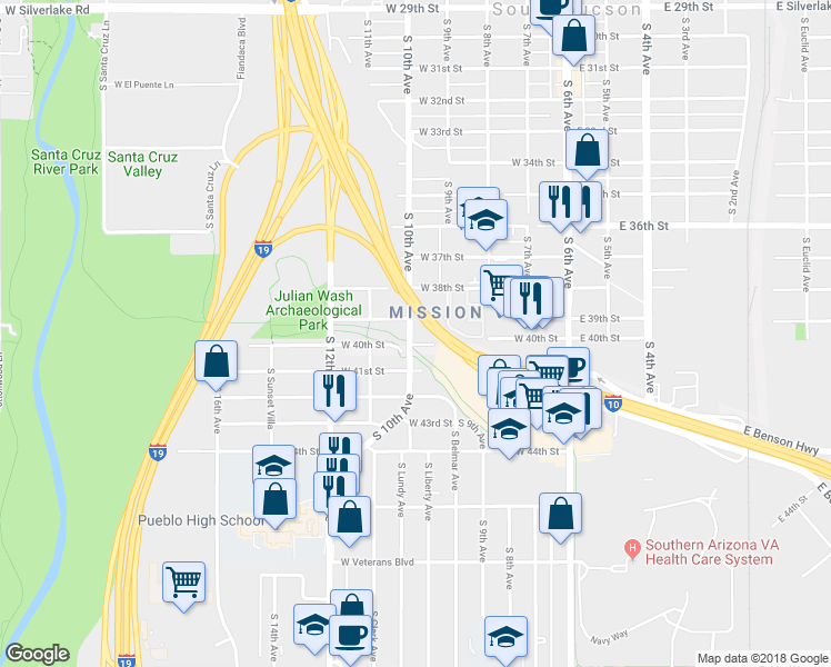 map of restaurants, bars, coffee shops, grocery stores, and more near 2913 South 10th Avenue in Tucson